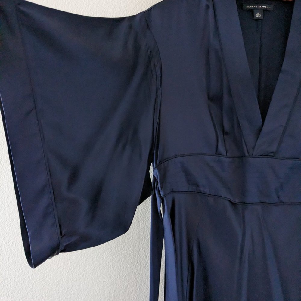 Banana Republic Navy Kimono Sleeve Silk Midi Dress, Tie Back, V Neck,  Size M
